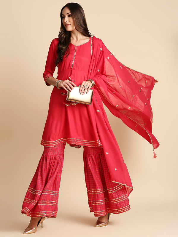 Women Pink Gotta Patti Kurta with Sharara With Dupatta