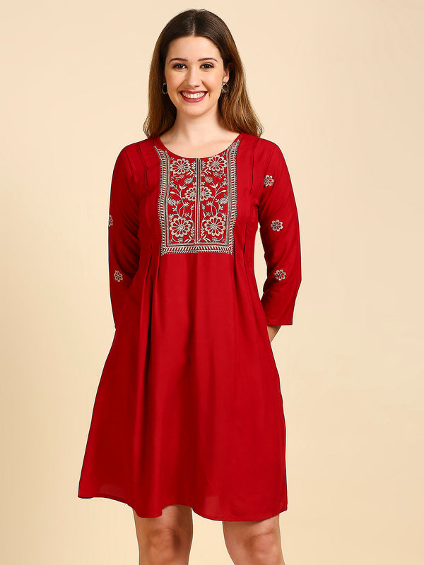 Women's Maroon Ethnic Motifs A-Line Dress