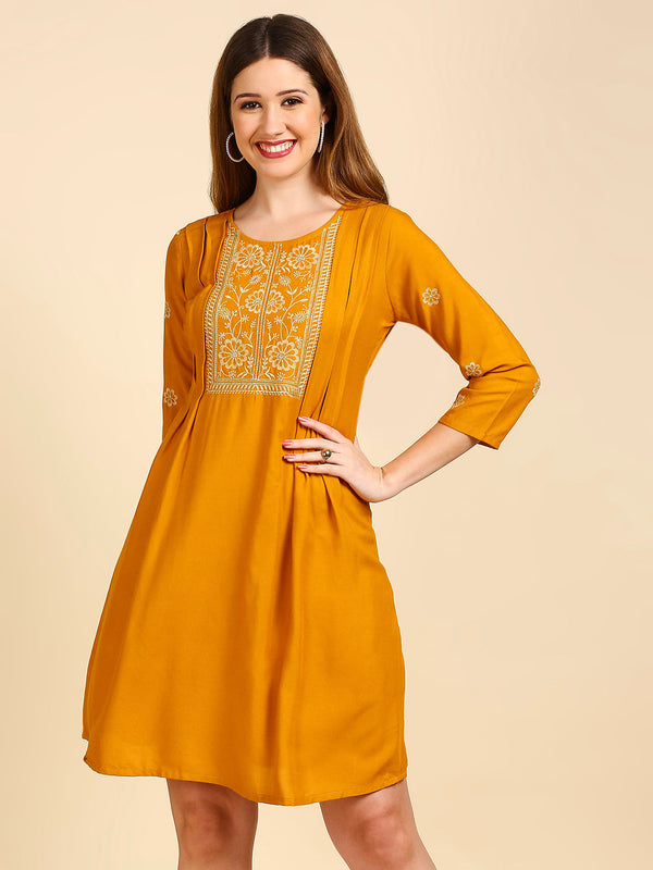 Women's Mustard Yellow Ethnic Motifs Embroidered A-Line Dress