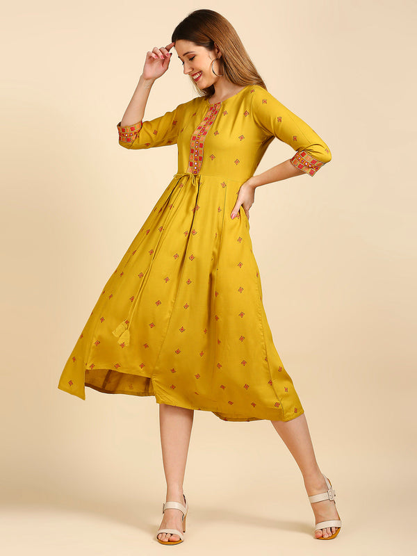 Women's Mustard Yellow Ethnic Motifs A-Line Midi Dress