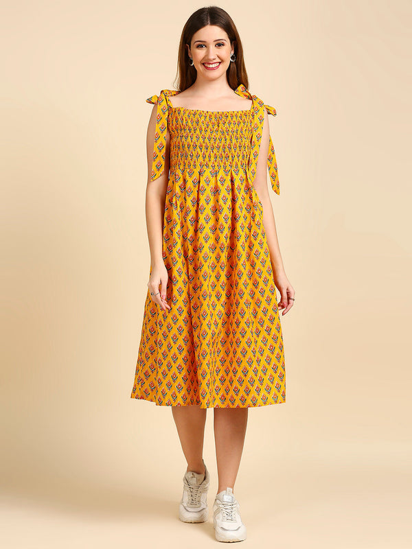 Women's Yellow Ethnic Motifs Empire Midi Dress