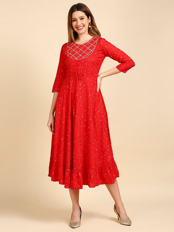 Women's Red Ethnic Motifs Liva A-Line Midi Dress