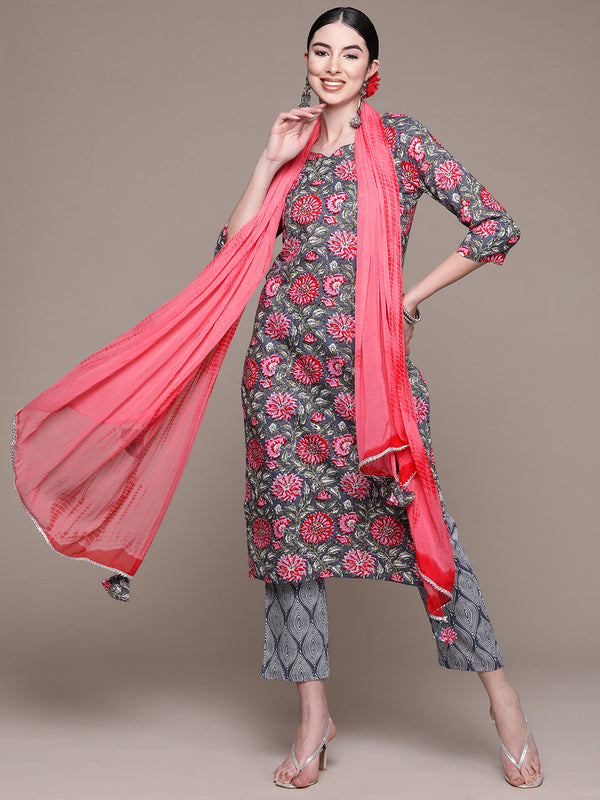 Women Blue Floral Kurta Kurta with Trousers and Dupatta