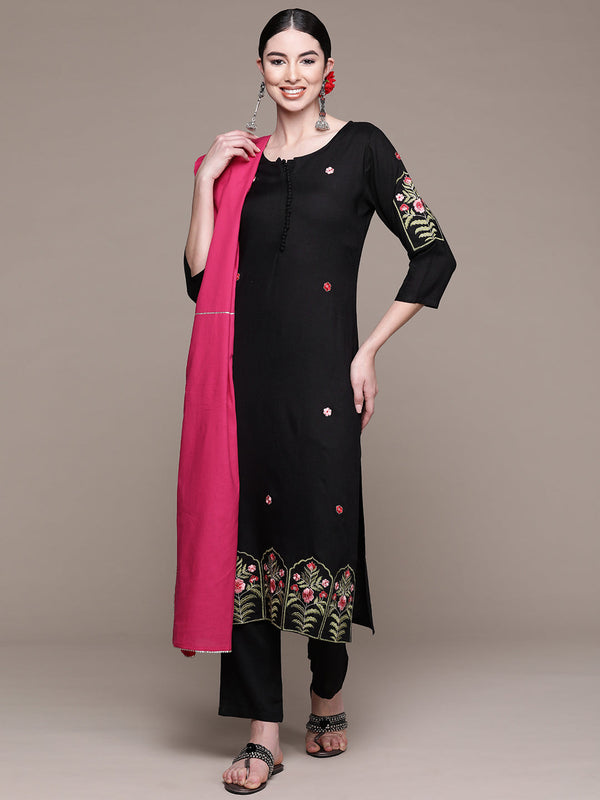 Women Black & Pink Floral Thread Work Kurta with Trousers & With Dupatta