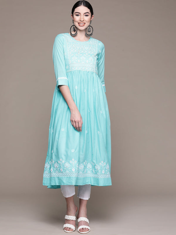 Women Blue Ethnic Motifs Yoke Design Flared Sleeves Thread Work Kurta