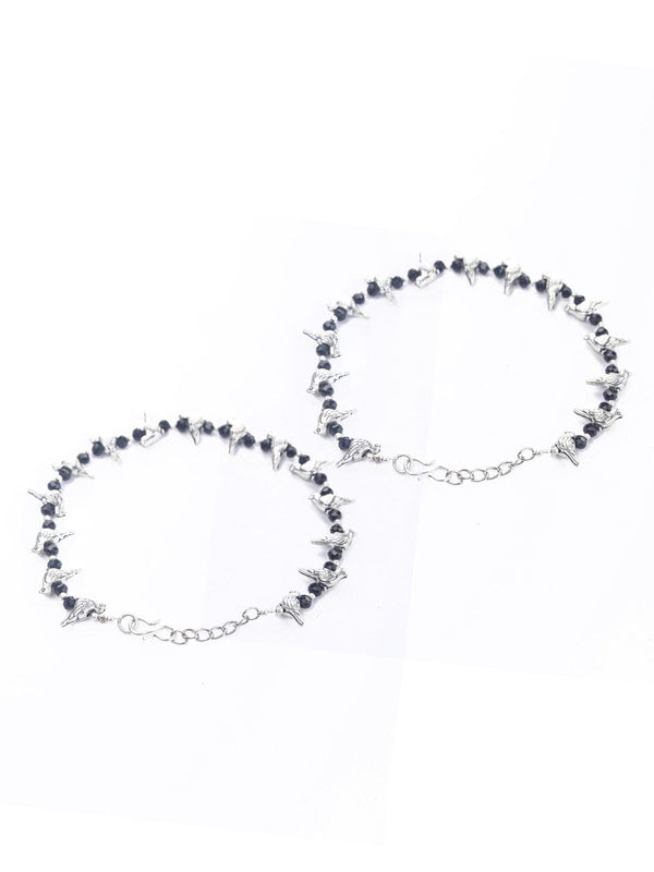 Women's Black Stones Studded Silver Plated Bird Shaped Anklets - Priyaasi