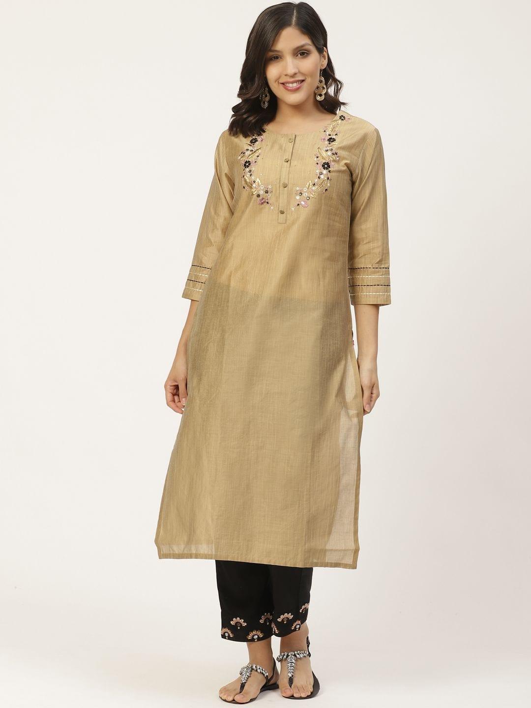 Women Beige & Black Zari Yoke Design Kurta With Palazzos - Indiakreations