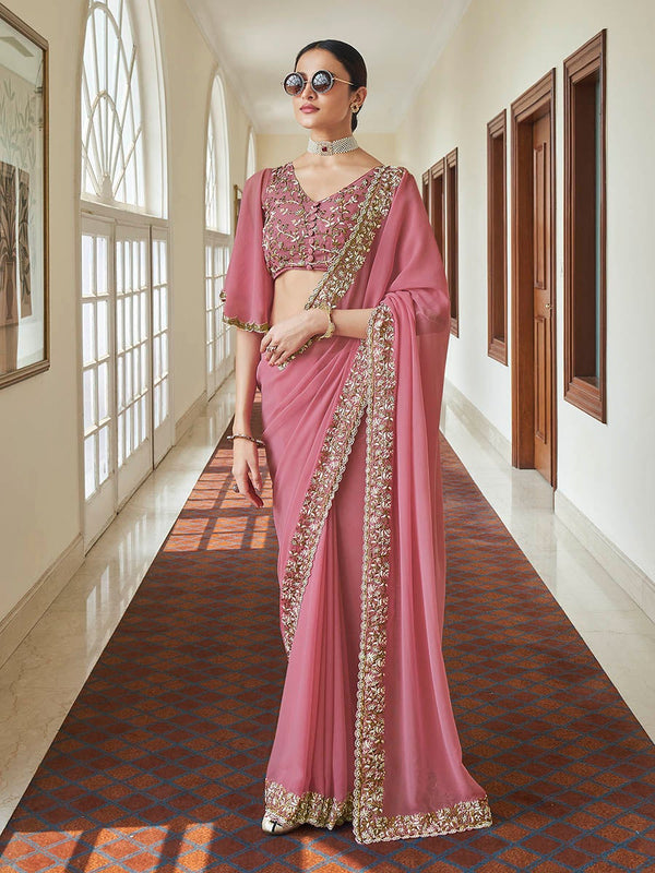 Women's Pink Embroidered Georgette Fancy Saree-Myracouture