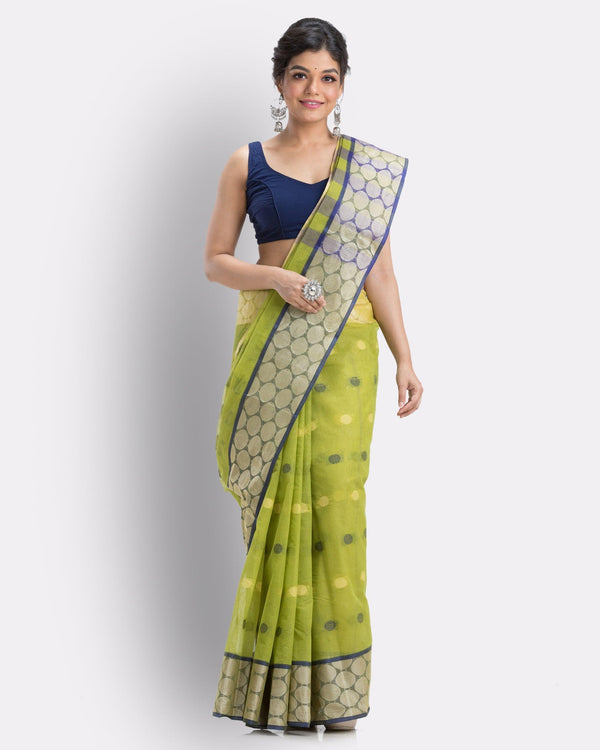 Women's Self Ball Design Tant Pure Cotton Saree(Green) - Angoshobha - Indiakreations