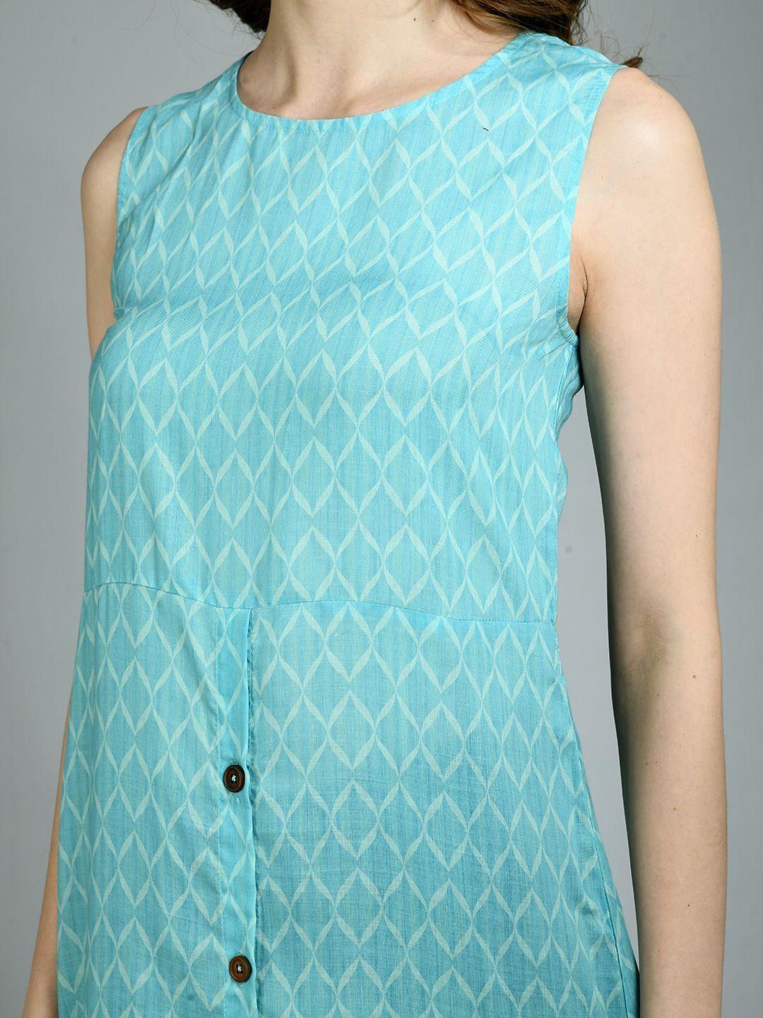 Women's Blue Poly Cotton Printed Sleeveless Round Neck Casual Dress - Myshka - Indiakreations