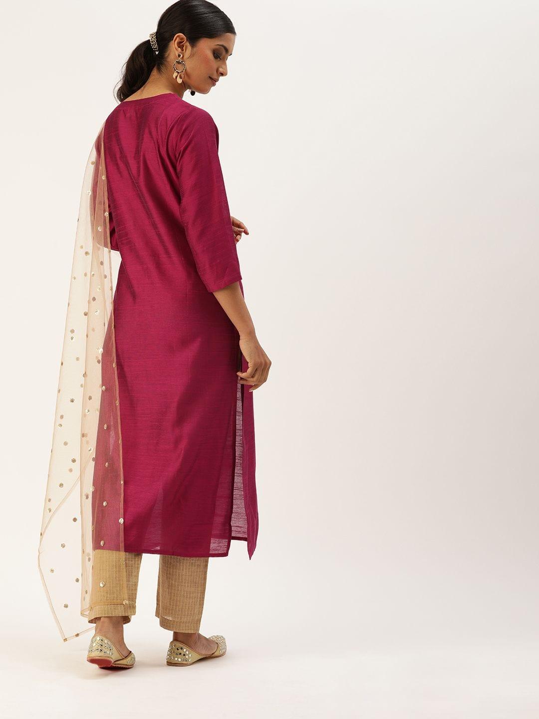 Magenta Pink & Beige Sequined Yoke Design Kurta With Trousers & Dupatta - Indiakreations