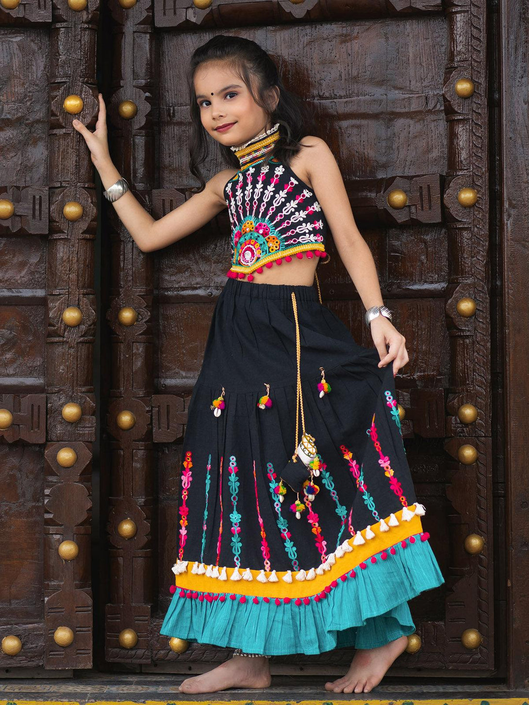 Girl's Attractive Aari Embrodiered Black Chaniya Choli set for Girls - HALEMONS - Indiakreations