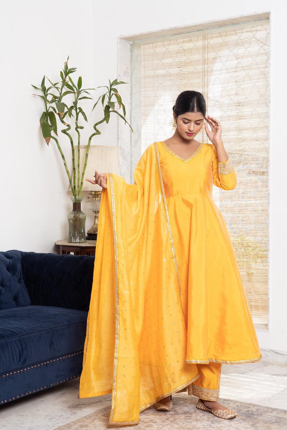 Khwabidah Mustard Anarkali Set of 3 - Indiakreations