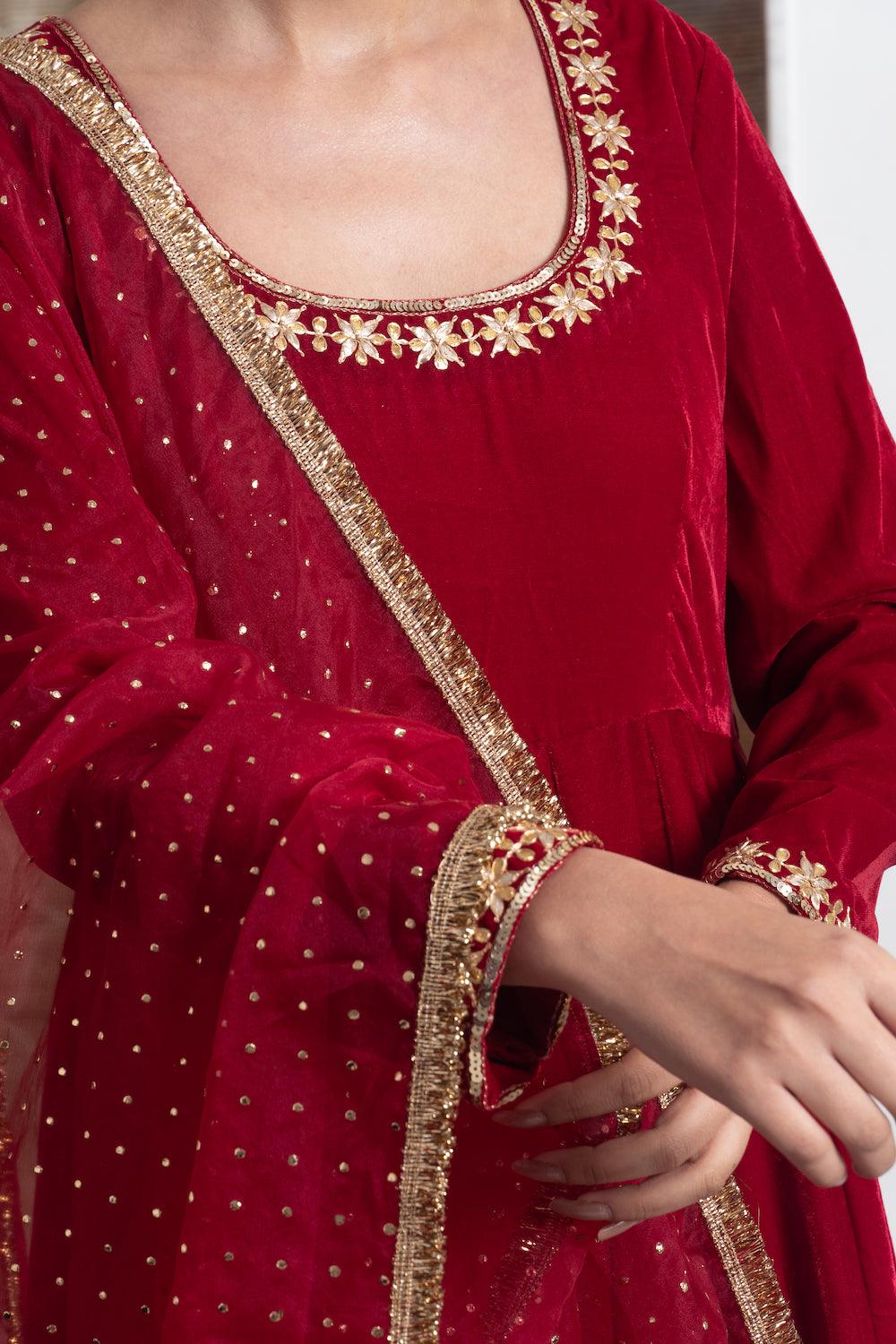 Khwabidah Maroon Anarkali Set of 3 - Indiakreations