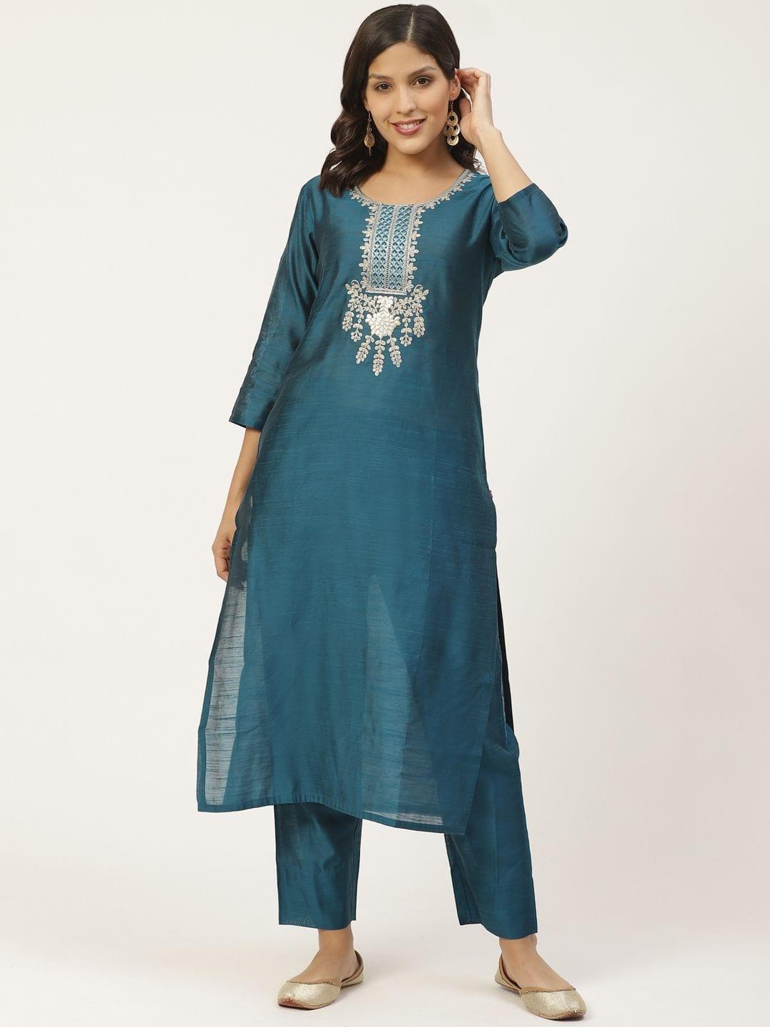 Women Teal Blue Zari Yoke Design Kurta With Trousers - Indiakreations