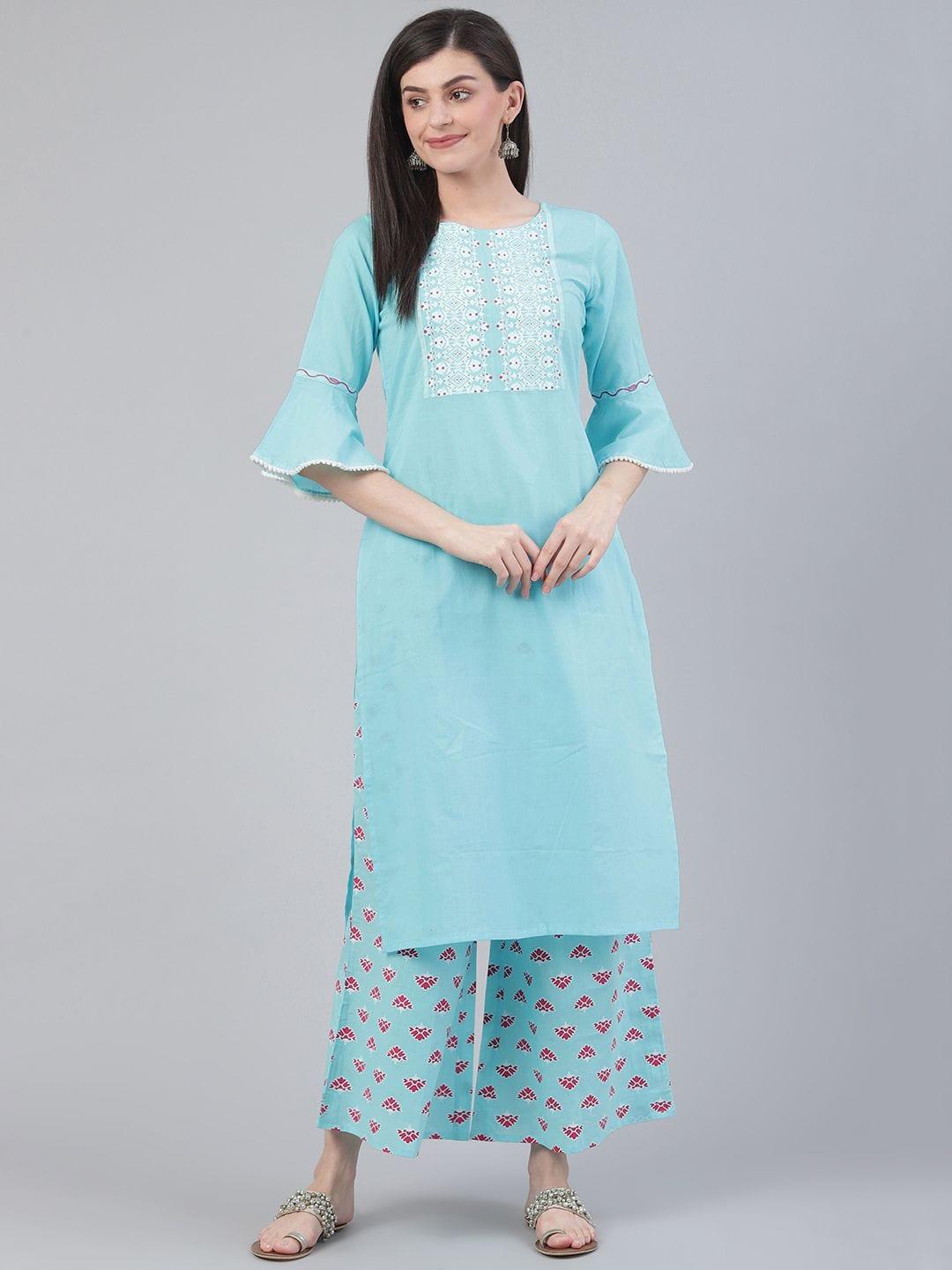 Women Blue & Red Khari Print Yoke Design Kurta With Palazzos - Indiakreations