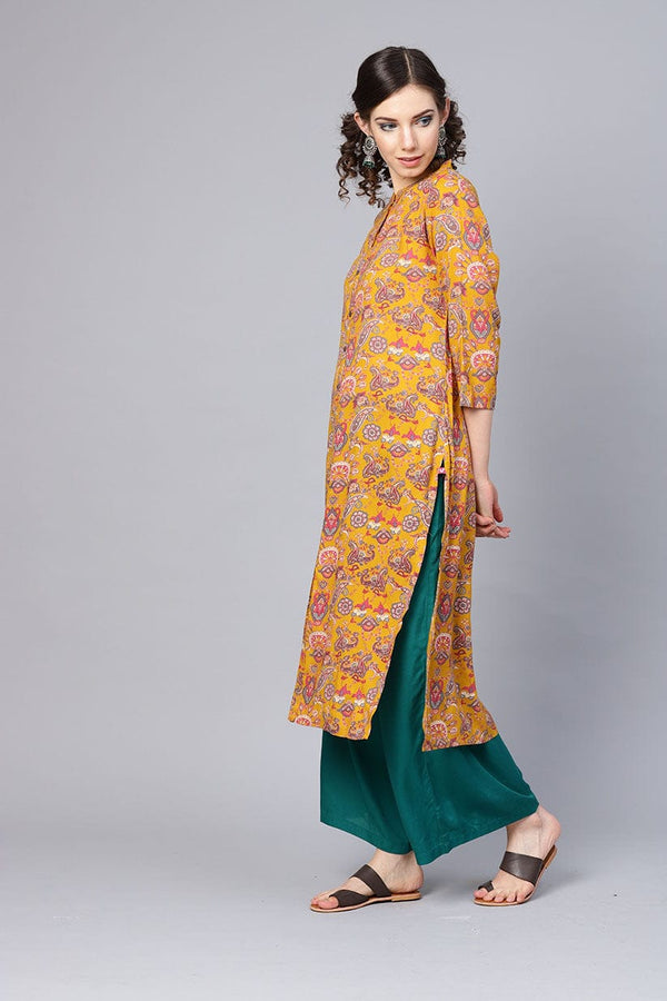 Women's Mustard Brown & Green Printed Straight Kurta - Varanga