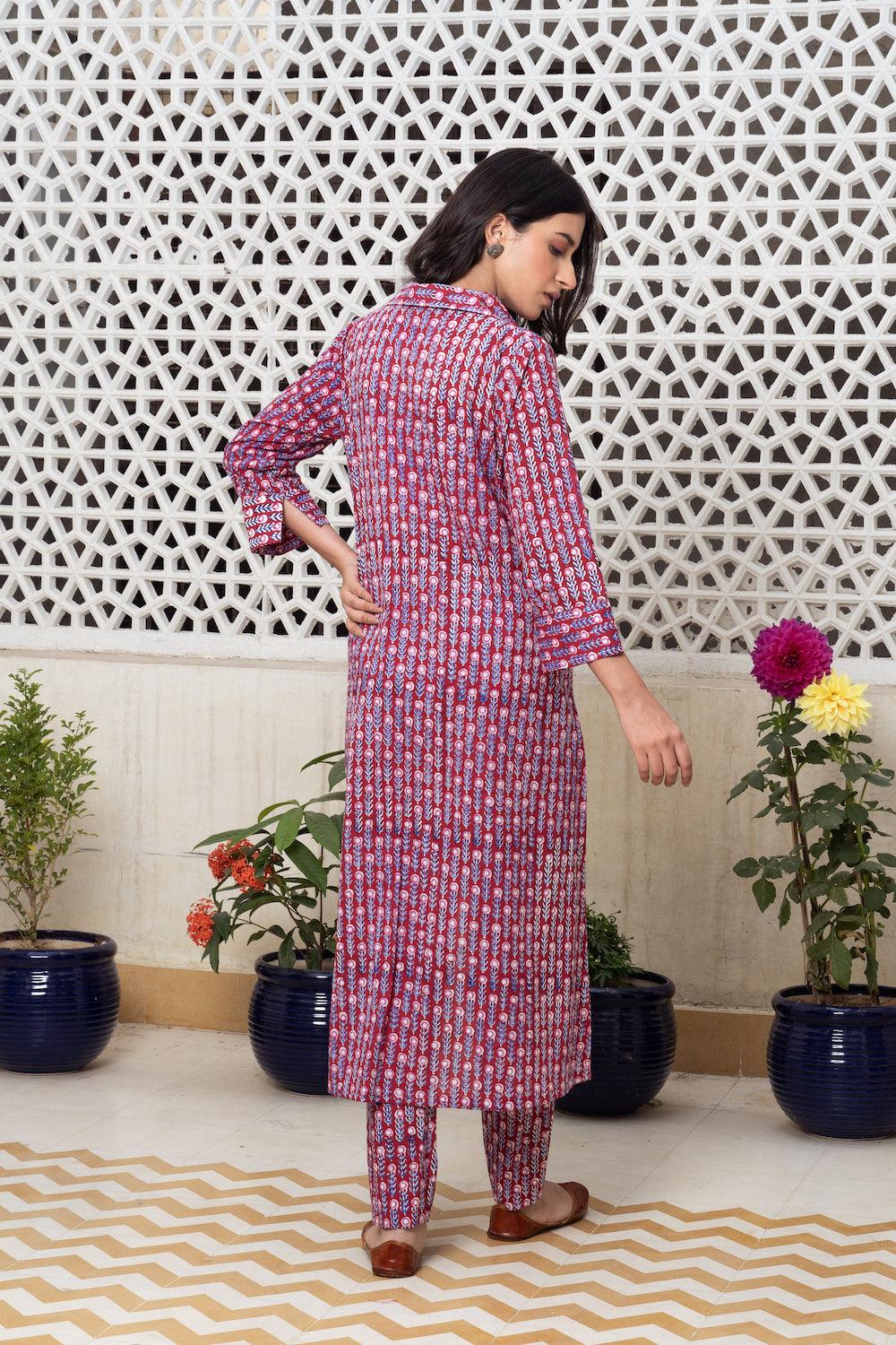 Raspberry hand block Kurta Set Of 2 - Indiakreations