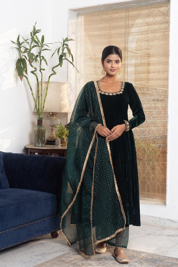 Khwabidah Bottle Green Anarkali Set of 3 - Indiakreations