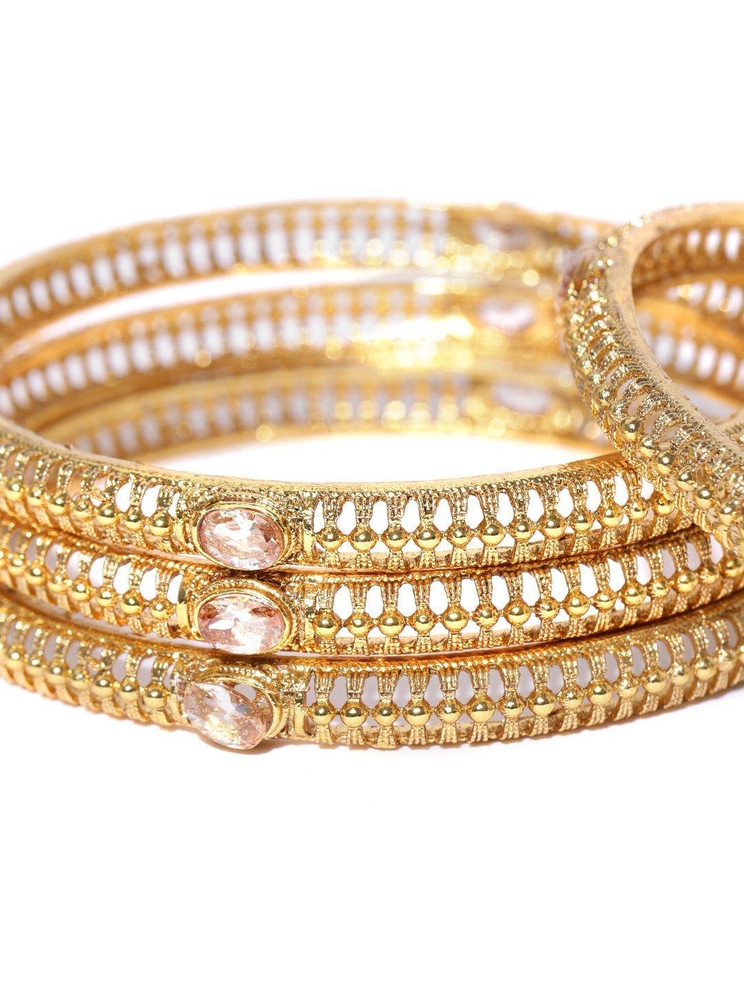 Women's Set of 4 Gold-Plated Stones Studded Jali Work Bangles - Priyaasi - Indiakreations