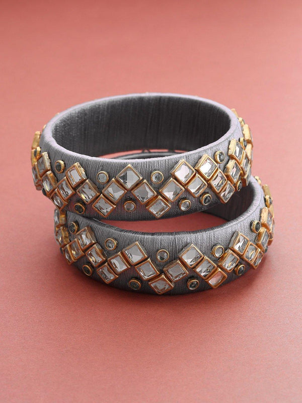 Women's Set Of 2 Kundan Studded Grey Threaded Broad Bangles - Priyaasi - Indiakreations