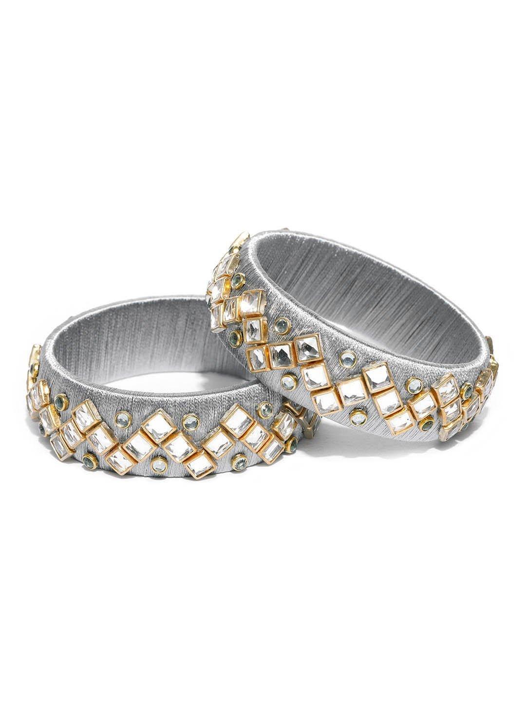 Women's Set Of 2 Kundan Studded Grey Threaded Broad Bangles - Priyaasi - Indiakreations