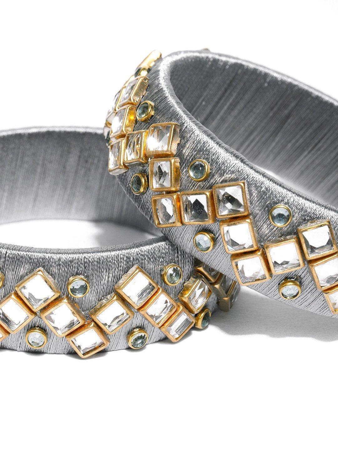 Women's Set Of 2 Kundan Studded Grey Threaded Broad Bangles - Priyaasi - Indiakreations