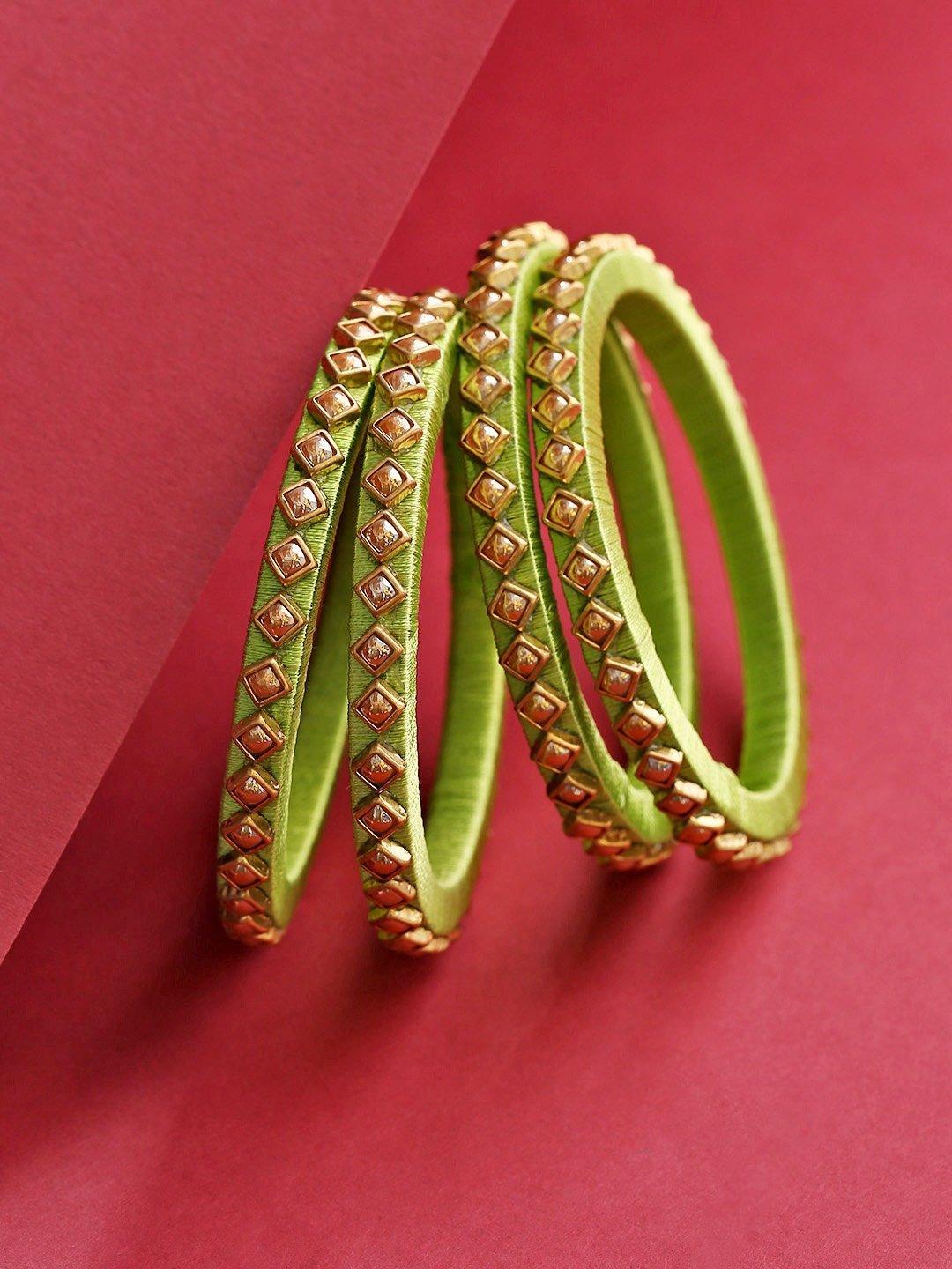 Women's Set Of 4 Pearls Studded Light Green Threaded Bangles - Priyaasi - Indiakreations