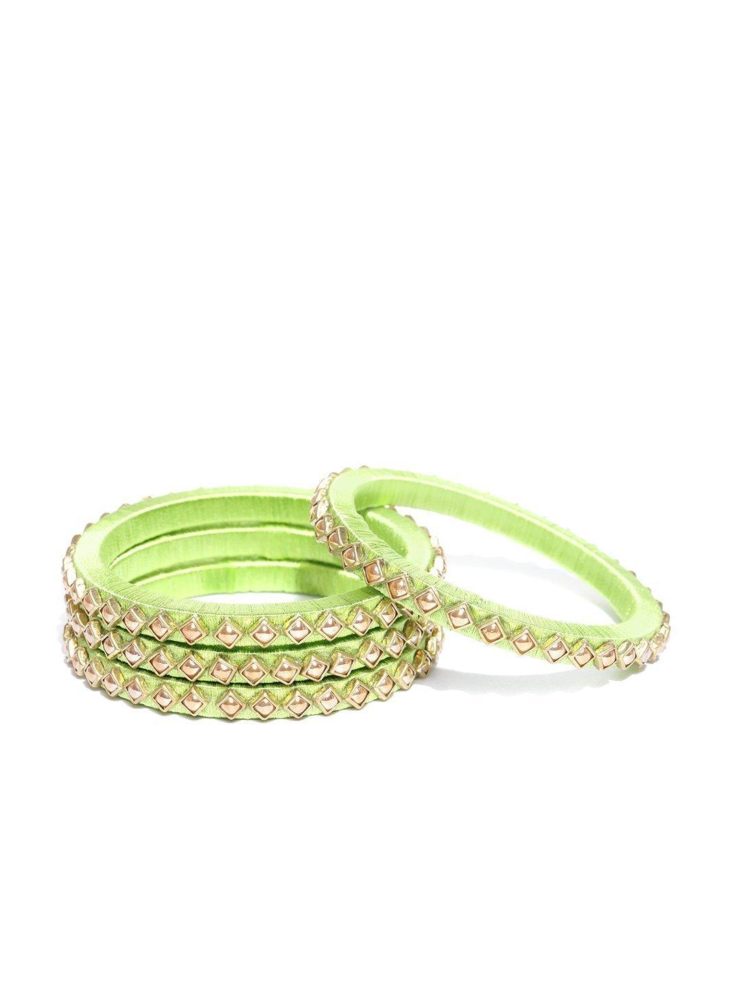 Women's Set Of 4 Pearls Studded Light Green Threaded Bangles - Priyaasi - Indiakreations