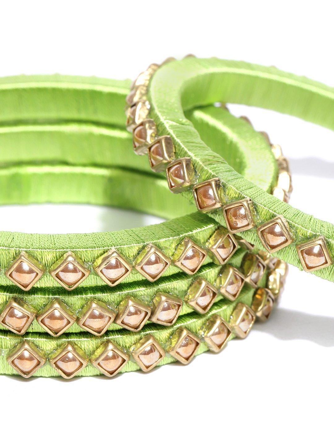 Women's Set Of 4 Pearls Studded Light Green Threaded Bangles - Priyaasi - Indiakreations