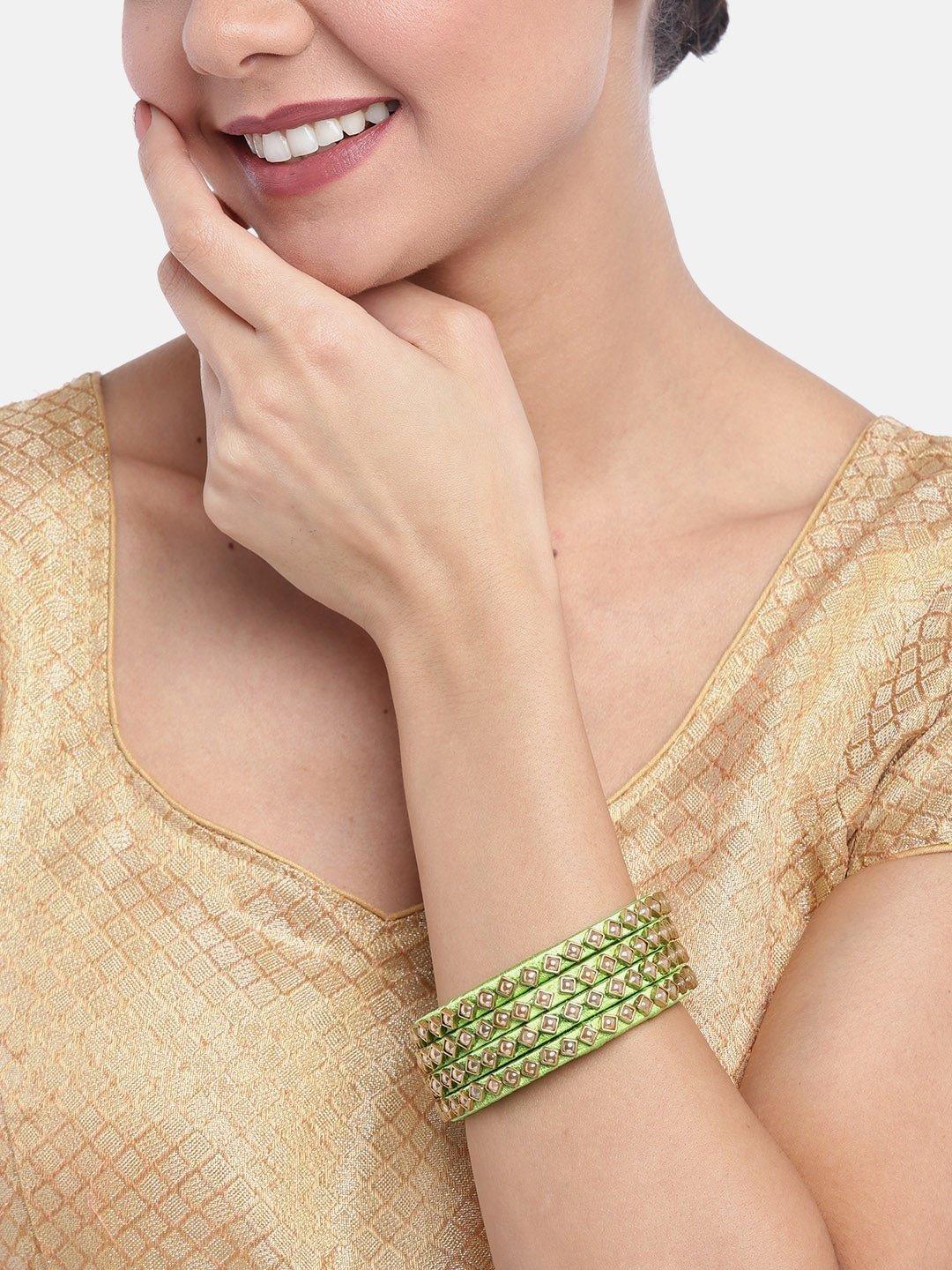 Women's Set Of 4 Pearls Studded Light Green Threaded Bangles - Priyaasi - Indiakreations