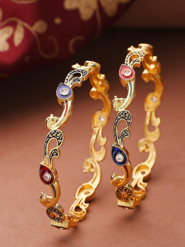 Women's Set Of 2 Gold-Plated Peacock Inspired Meenakari Bangles in Red And Blue Color - Priyaasi - Indiakreations