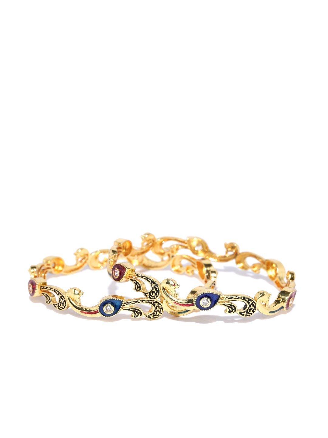 Women's Set Of 2 Gold-Plated Peacock Inspired Meenakari Bangles in Red And Blue Color - Priyaasi - Indiakreations