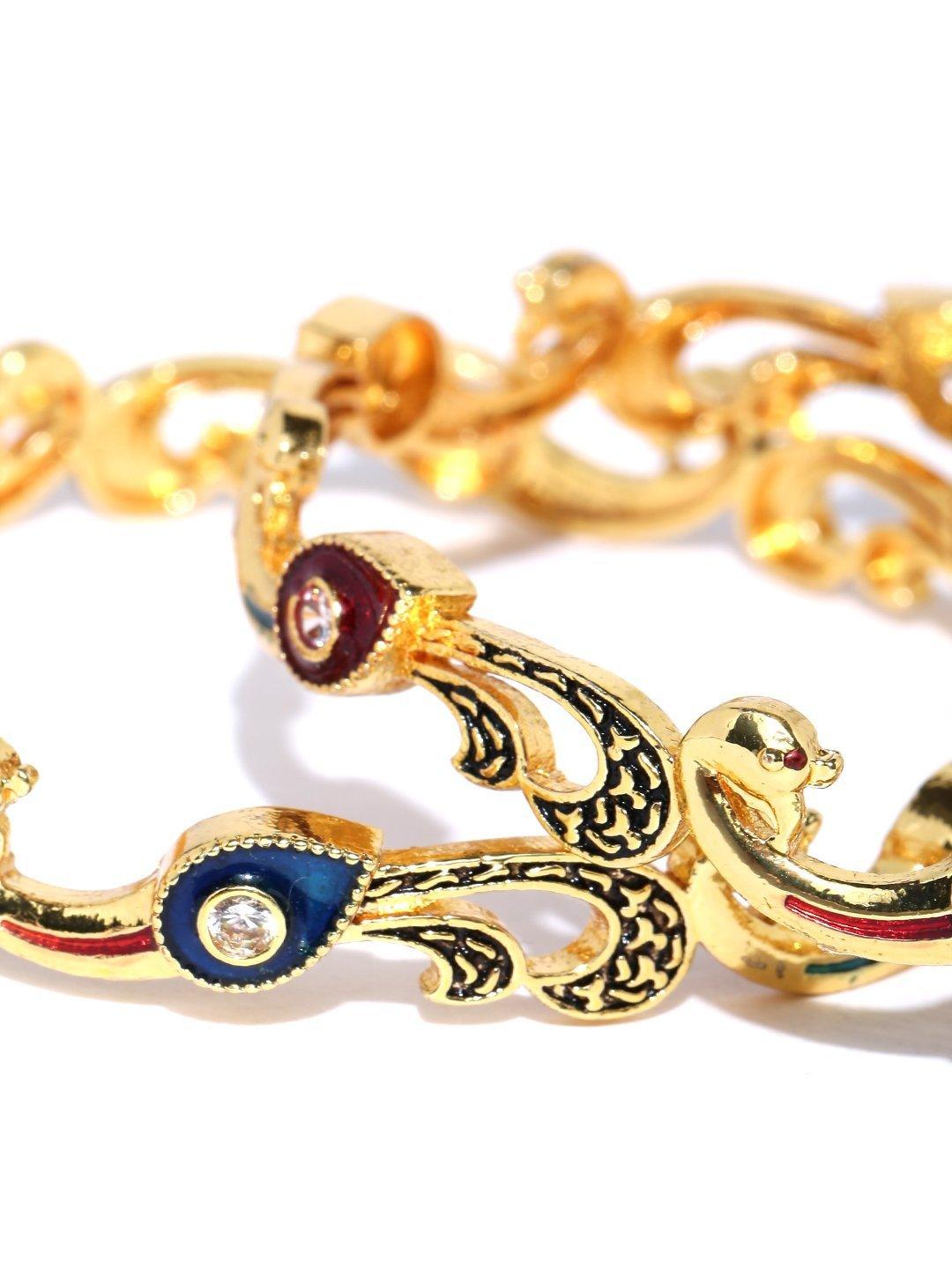 Women's Set Of 2 Gold-Plated Peacock Inspired Meenakari Bangles in Red And Blue Color - Priyaasi - Indiakreations