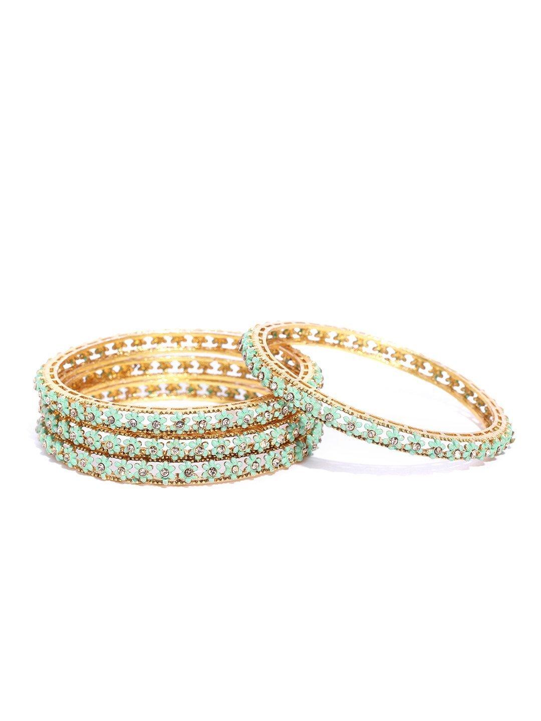 Women's Set Of 4 Gold-Plated Stones Studded Mint Green Meenakari Bangles in Floral Pattern - Priyaasi - Indiakreations