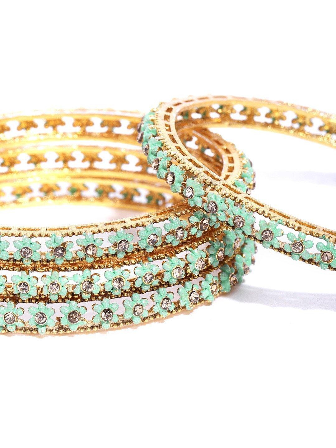 Women's Set Of 4 Gold-Plated Stones Studded Mint Green Meenakari Bangles in Floral Pattern - Priyaasi - Indiakreations