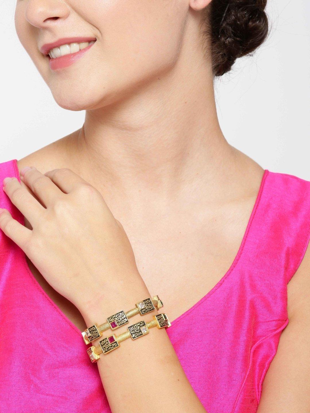 Women's Set Of 2 Gold-Plated Multicolor Stones Studded Geometric Bangles - Priyaasi - Indiakreations