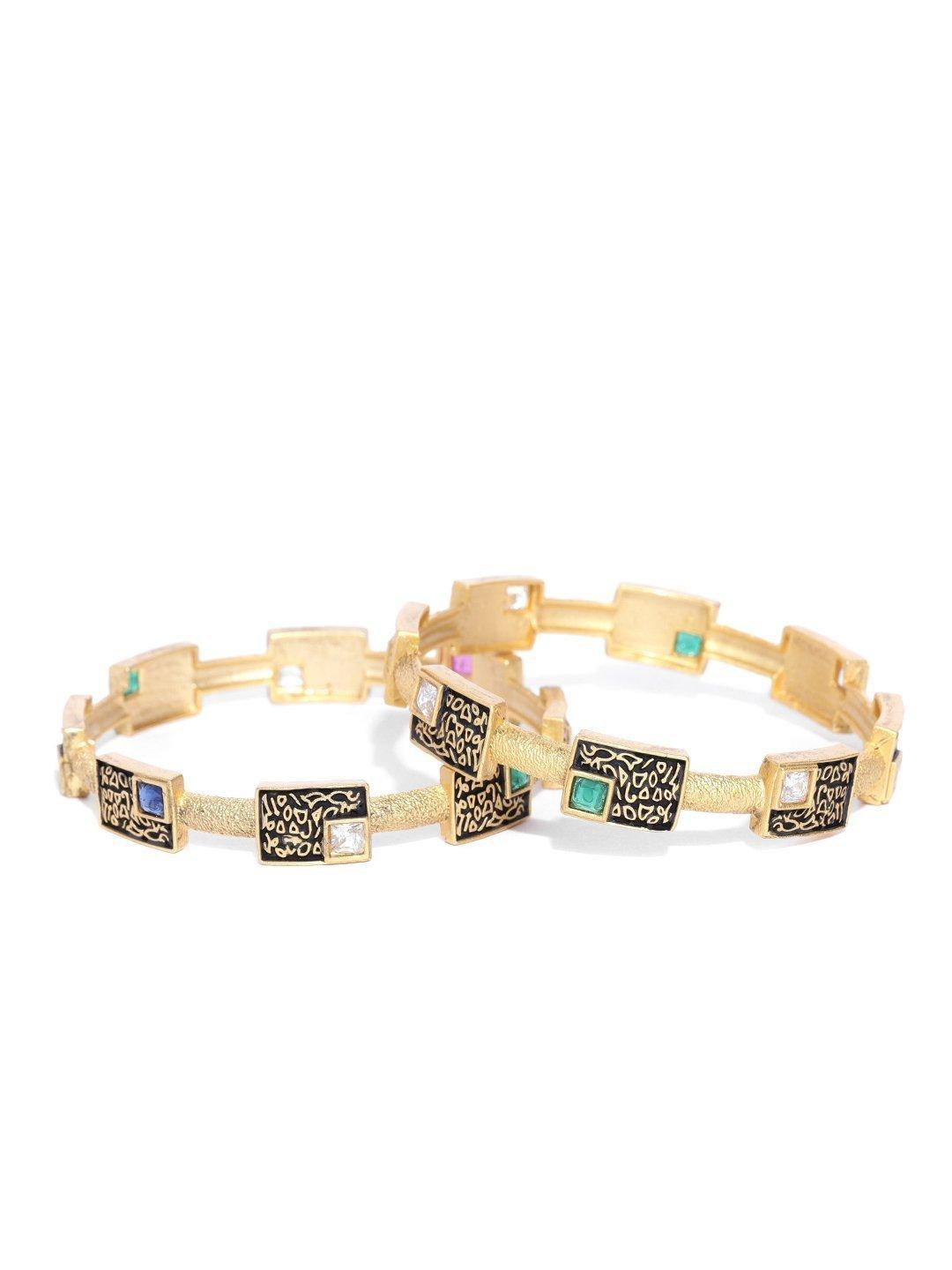 Women's Set Of 2 Gold-Plated Multicolor Stones Studded Geometric Bangles - Priyaasi - Indiakreations