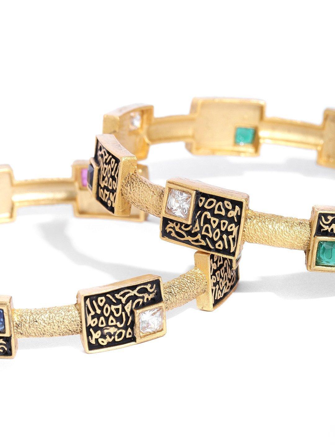 Women's Set Of 2 Gold-Plated Multicolor Stones Studded Geometric Bangles - Priyaasi - Indiakreations