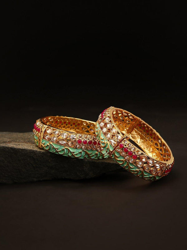 Women's Set Of 2 Gold-Plated Ruby & American Diamond Studded Mint Green Meenakari Openable Bangle - Priyaasi - Indiakreations