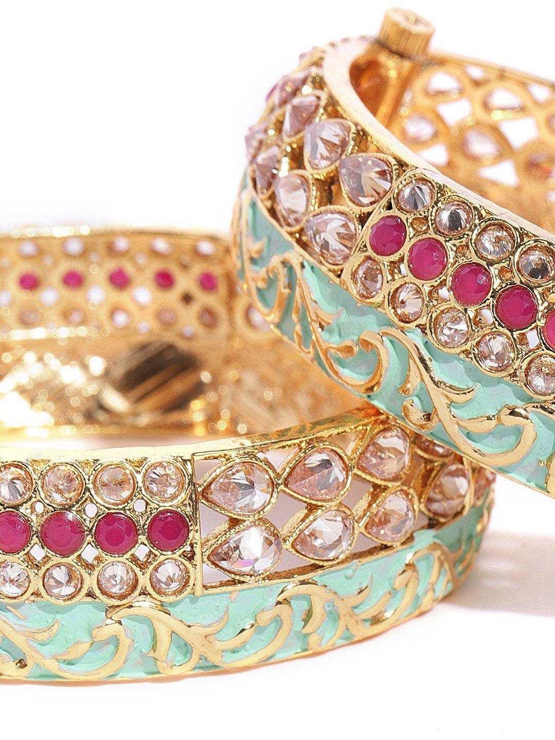 Women's Set Of 2 Gold-Plated Ruby & American Diamond Studded Mint Green Meenakari Openable Bangle - Priyaasi - Indiakreations