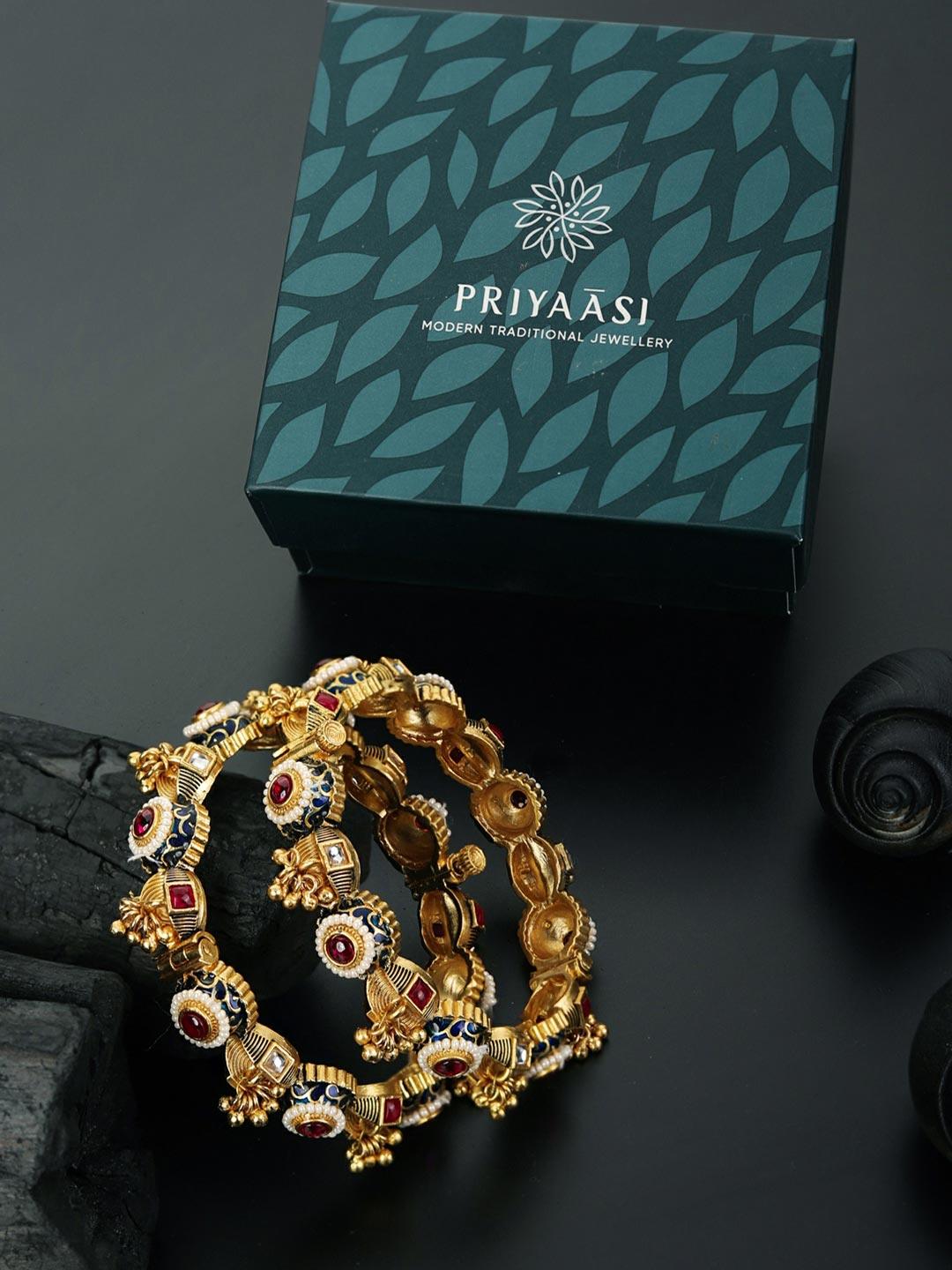 Women's Royal Heirloom - Ruby Beads Kundan Ghungroo Meenakari Gold Plated Set of 2 Bangles - Priyaasi - Indiakreations