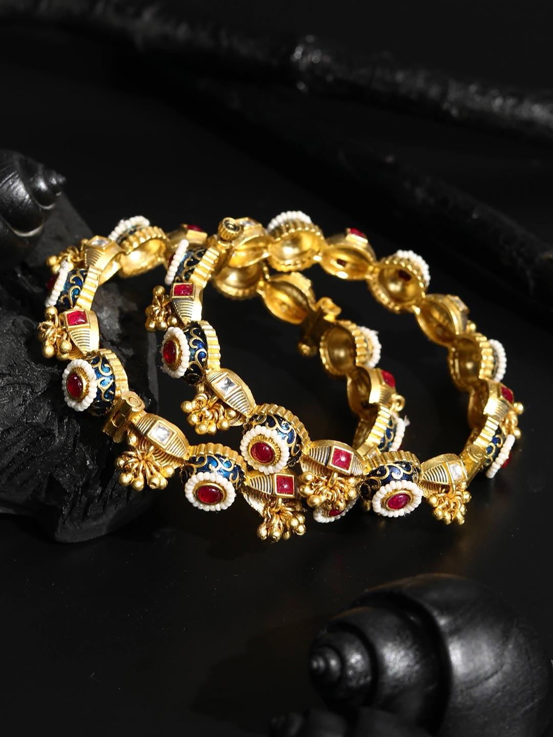 Women's Royal Heirloom - Ruby Beads Kundan Ghungroo Meenakari Gold Plated Set of 2 Bangles - Priyaasi - Indiakreations