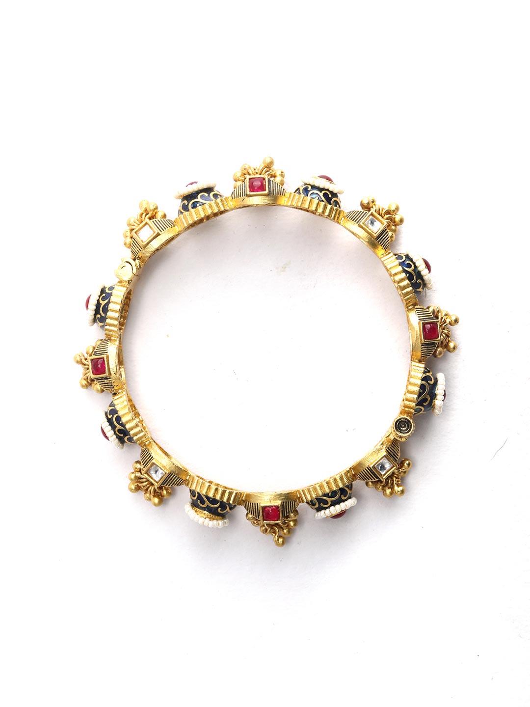 Women's Royal Heirloom - Ruby Beads Kundan Ghungroo Meenakari Gold Plated Set of 2 Bangles - Priyaasi - Indiakreations