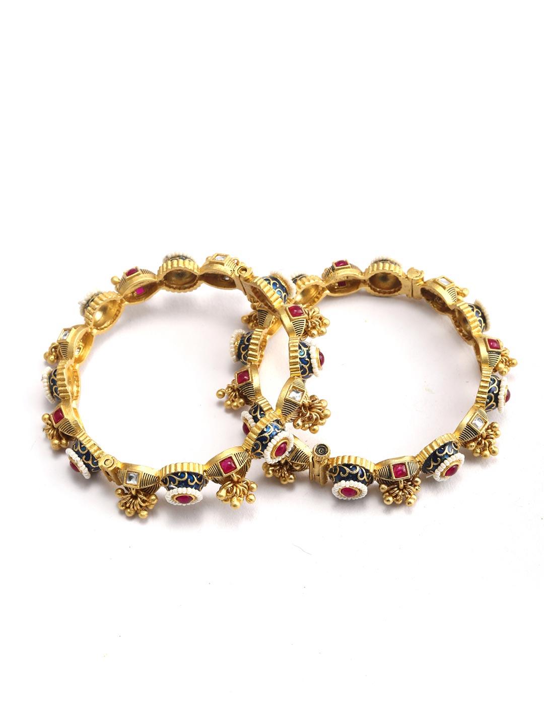 Women's Royal Heirloom - Ruby Beads Kundan Ghungroo Meenakari Gold Plated Set of 2 Bangles - Priyaasi - Indiakreations