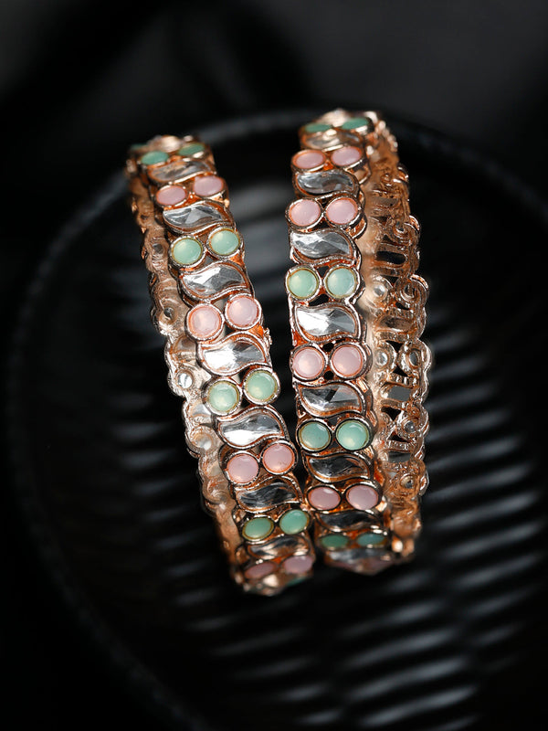 Women's Rose Gold Multi Coloured Stones Set of 2 Bangles - Priyaasi