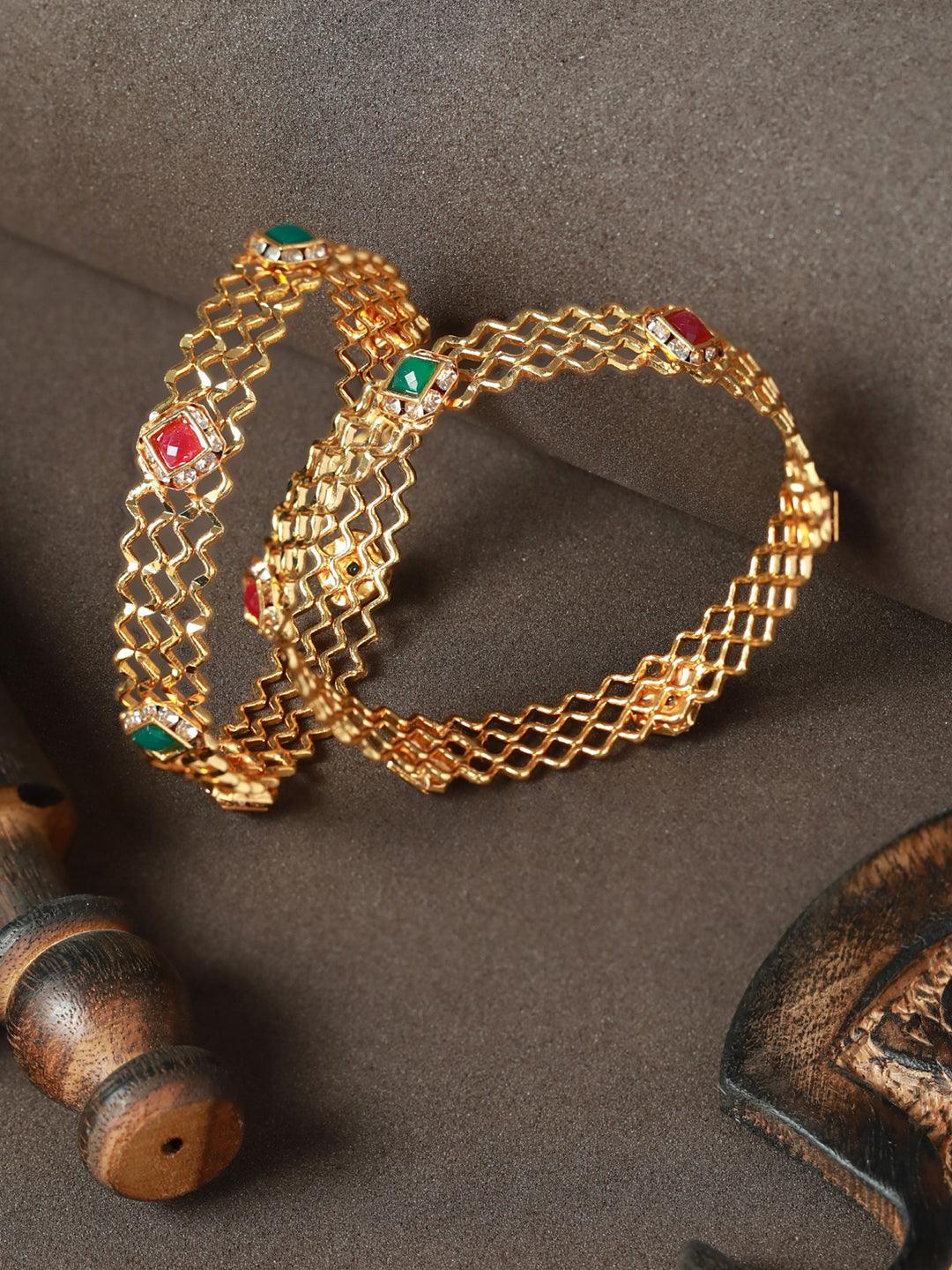 Women's Green Studded Geometric Gold Plated Bangle Set of 2 - Priyaasi - Indiakreations