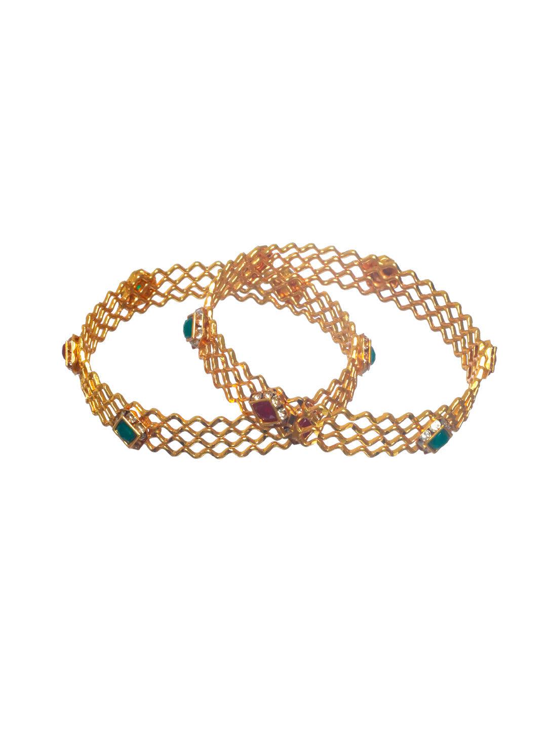 Women's Green Studded Geometric Gold Plated Bangle Set of 2 - Priyaasi - Indiakreations