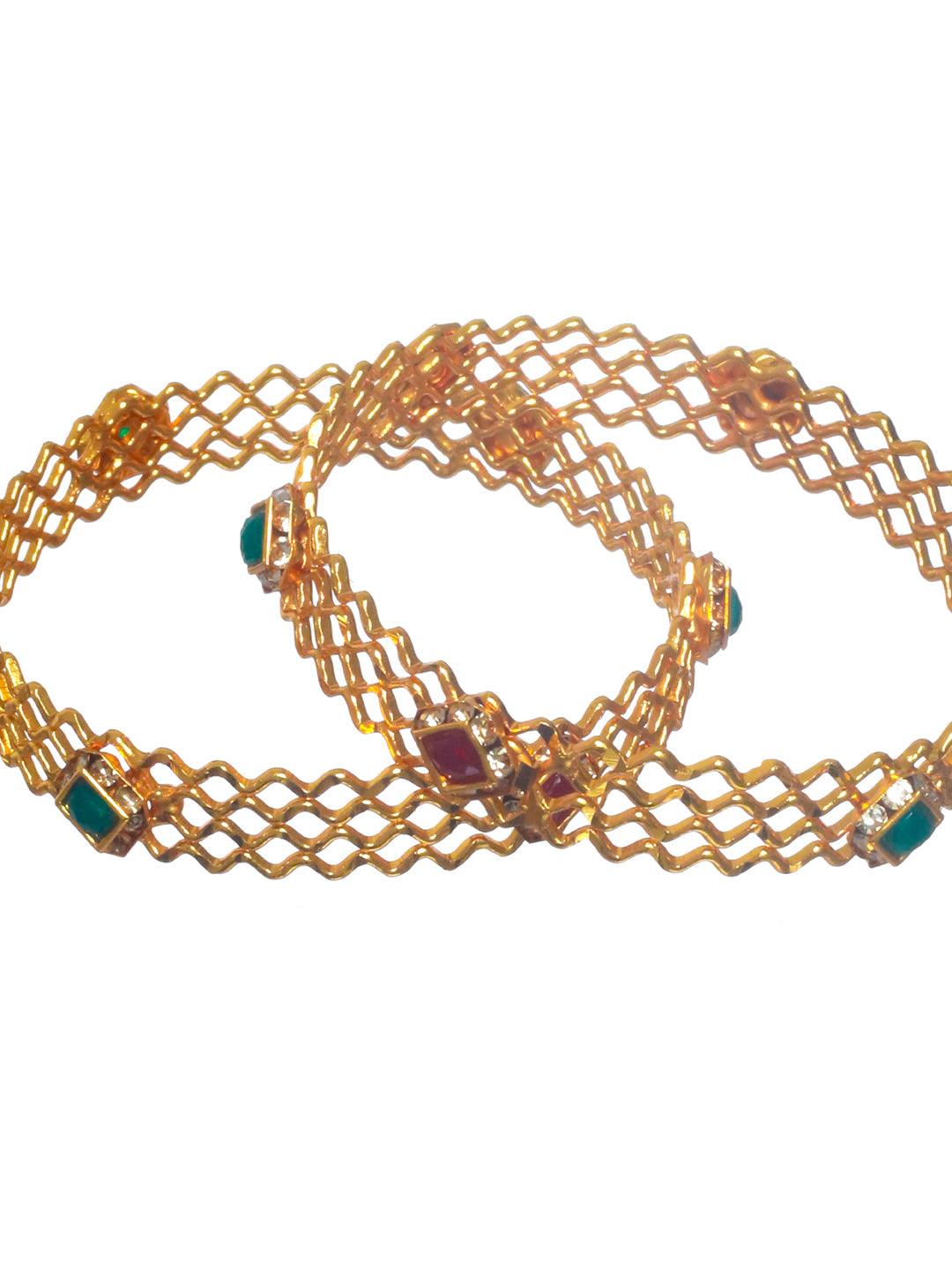 Women's Green Studded Geometric Gold Plated Bangle Set of 2 - Priyaasi - Indiakreations