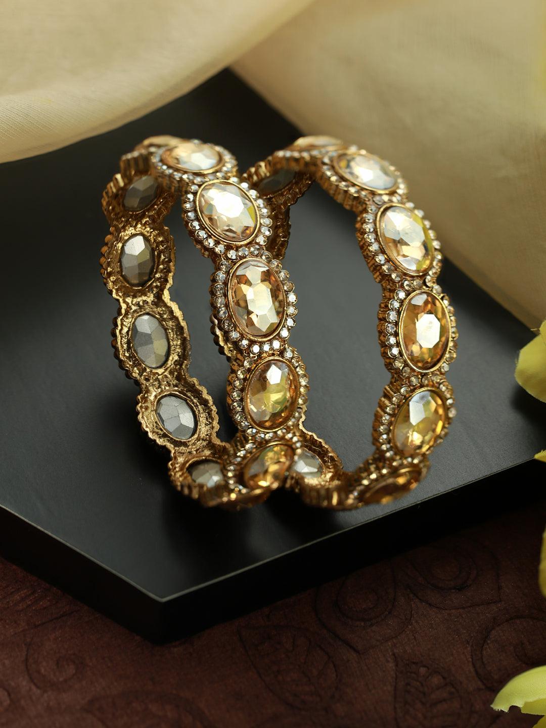 Women's Gold Finish Stone Studded Bangle Set of 2 - Priyaasi - Indiakreations